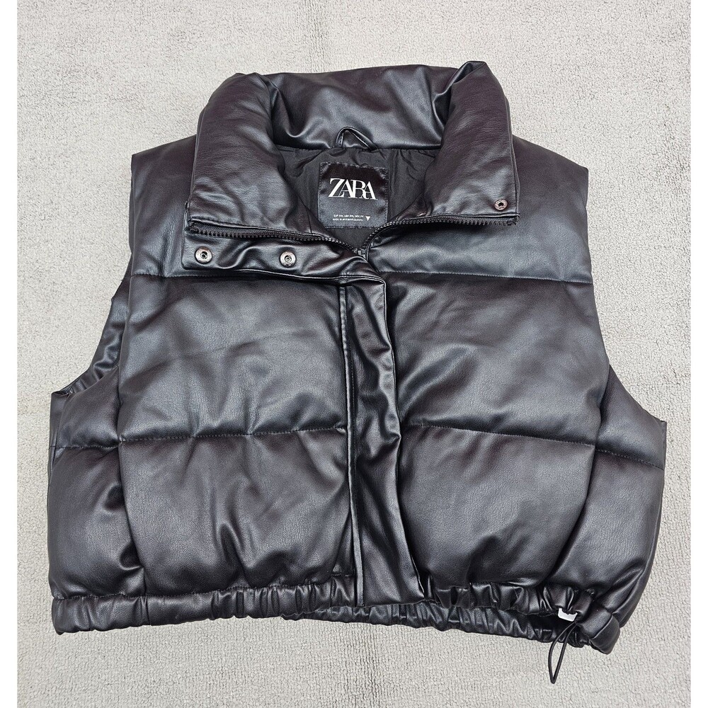 Zara Womens Faux Leather Puffer Vest Jacket 2XL Black